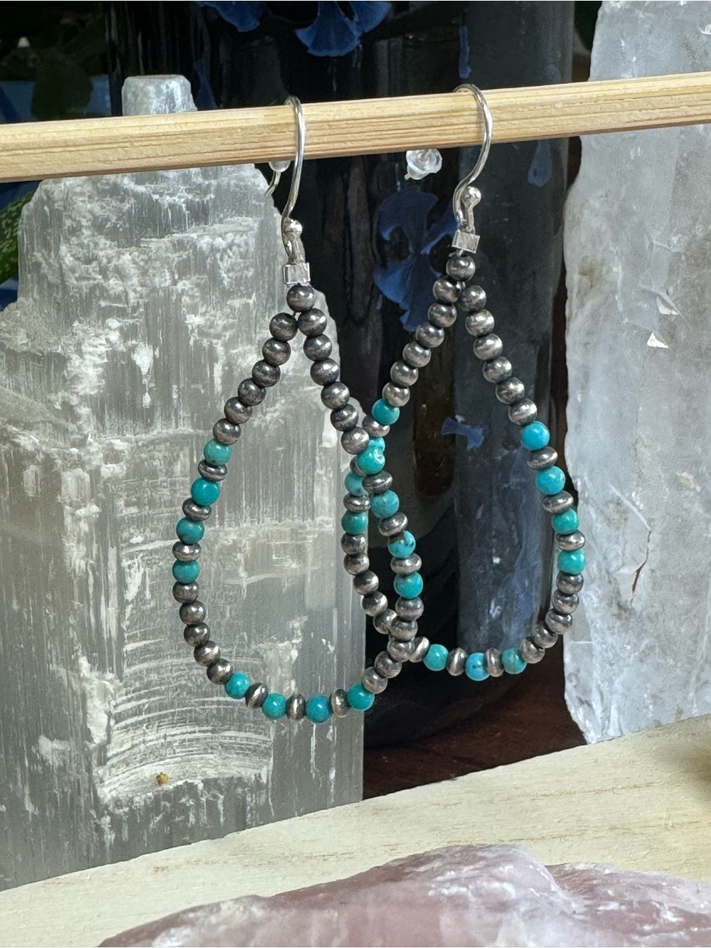 Turquoise and Sterling Silver Teardrop Hoop Bead Earrings - Handcrafted
